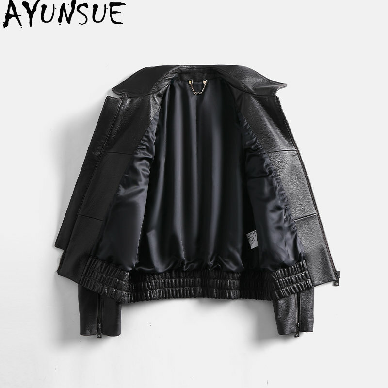 AYUNSUE-Veste courte en cuir de chèvre véritable pour femme, manteau vintage, SGG