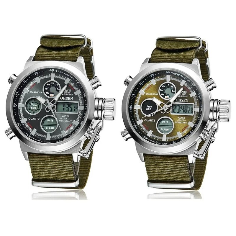 OHSEN Männer Quarz Uhren Militär Sport Uhr Digitale Armee Grün Leinwand Strap Wasserdichte Uhren Dual Time Herren Uhr Armbanduhr