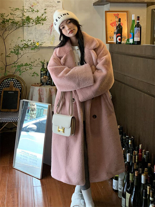 Jaket bulu imitasi panjang tebal hangat mantel bulu imitasi longgar hangat pakaian luar bantalan berbulu musim dingin Korea mantel luar mewah wanita
