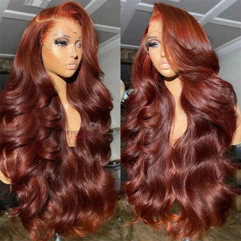 Peruano solto peruca profunda onda do corpo, HD Lace Frontal perucas de cabelo humano, vermelho, marrom avermelhado, 13x4
