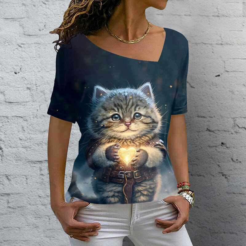 T-Shirt da donna Kawaii Cat Print 3D T Shirt Top Girls Y2k abbigliamento estate manica corta Tees scollo a v Casual Holiday T-Shirt femminile