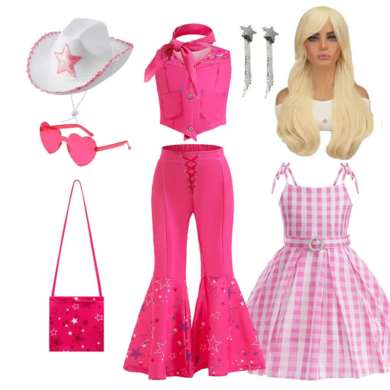 2023 Film Roze Meisje Kostuum Hot Starry Top Broek Barbier Set Voor Meisje Dames Halloween Verjaardagsfeestje Prinses Jurk Kostuum