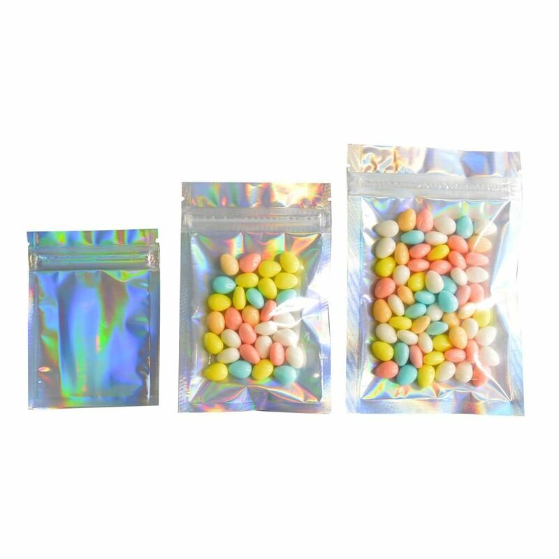 Bolsas iridiscentes con cierre de cremallera, bolsas de plástico para cosméticos, bolsas iridiscentes con láser, bolsas de maquillaje holográficas, bolsas con cremallera de holograma, 20 piezas