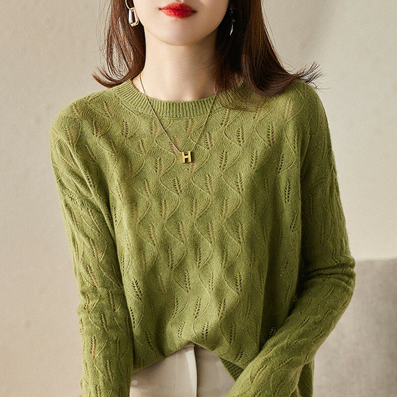 Early Autumn Ladies Hollow Knitted Sweater Round Neck Retro Fashion Pullover Korean Version Elegant Sexy Wool Bottoming Shirt