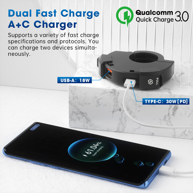 Motorcycle USB Charger QC3.0 Handlebar Fast Charging 12/24V Waterproof Handlebar Mounting Bracket Camera Phone Charger