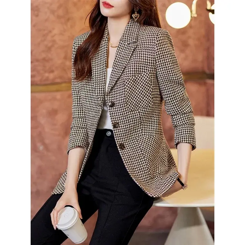 Blazer de peito único xadrez feminino, jaqueta formal com bolso, senhoras do escritório, trabalho de negócios, cinza café, feminino, outono, inverno