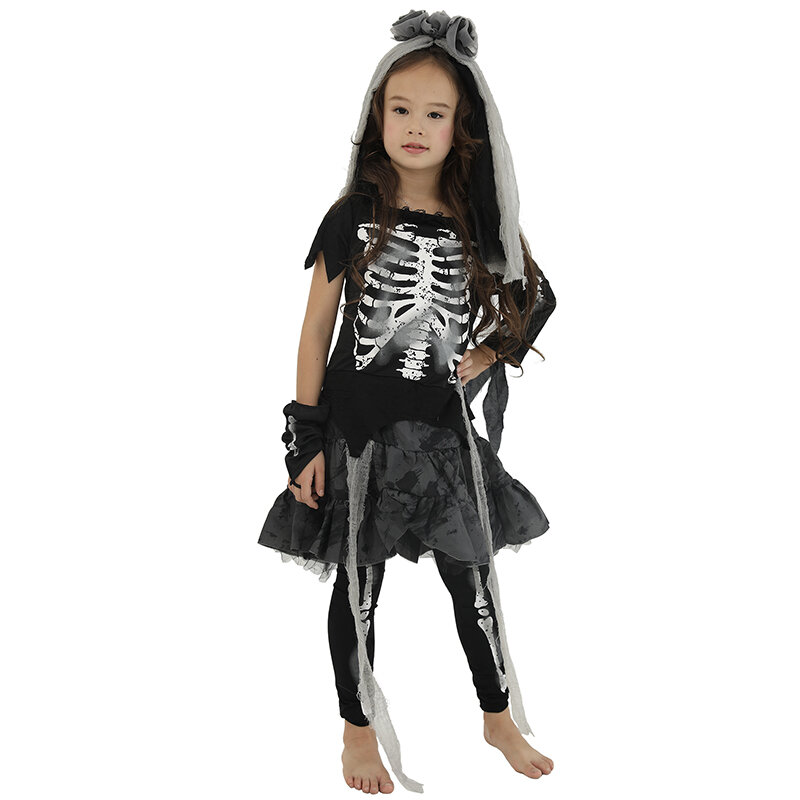 Traje assustador esqueleto noiva para mulheres, menina cadáver trajes, adereços Halloween