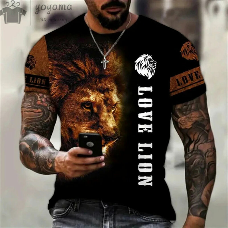 Kaus lengan pendek untuk pria, kaos kerah bulat motif singa 3d, T-Shirt lengan pendek kasual, Atasan Fashion kebesaran untuk pria