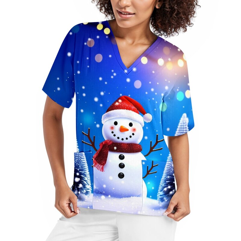 Snowman Christmas Pet Grooming Staff Overalls Scrub Top Women Short Sleeve Uniform V Neck Doctor Overalls Pocket Shirt Nursing