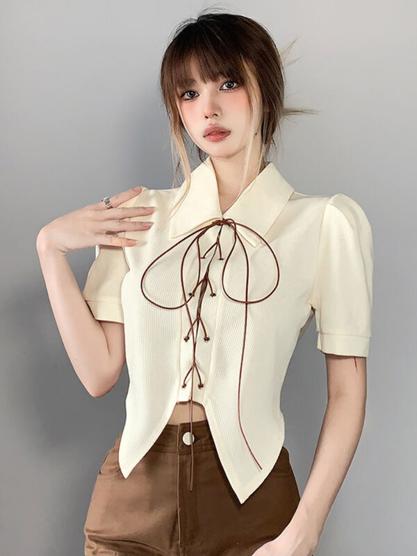 Camisa de estilo coreano Y2K para mujer, camisa Sexy de Color crema con diseño de correa Vintage, mangas abullonadas, camisa de chica caliente, Top de diosa elegante