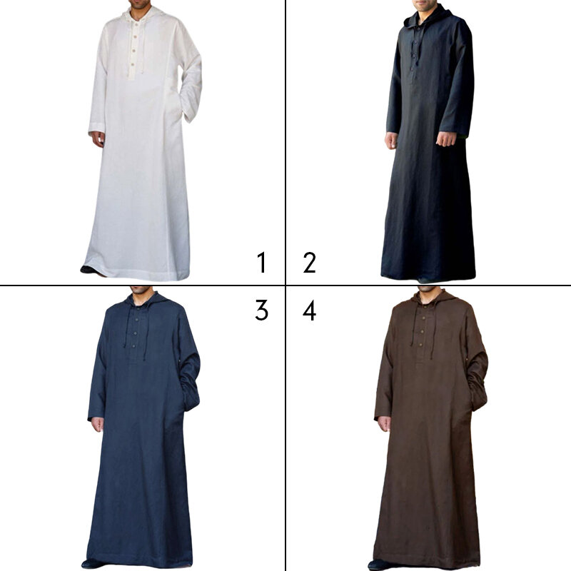 Men Muslim Clothes Saudi Arab Long Sleeve Hooded Robes Gown Jubba Thobe Dubai Middle East Men Islamic Saudi Arabia Kaftan