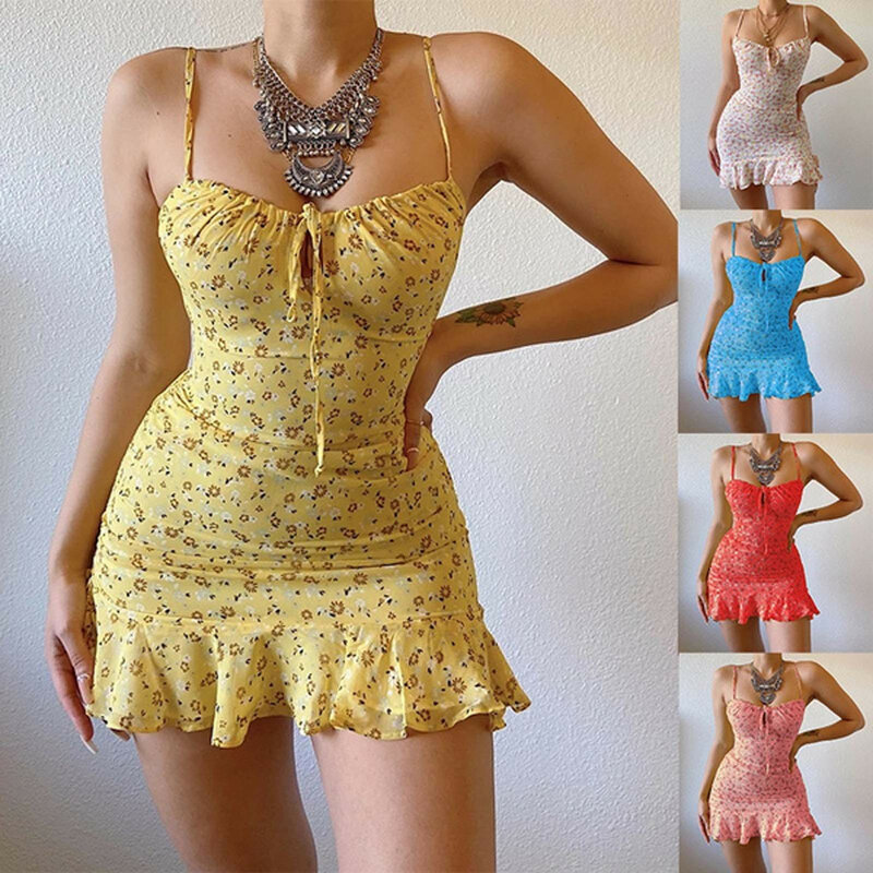 Vestido de spaghetti casual feminino, mini vestido floral, vestido de verão, festa na praia, nova pulseira, verão, 2024