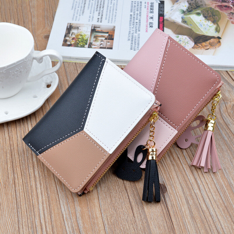 Mulheres geométricas bonito rosa carteiras bolso bolsa titular do cartão retalhos carteira senhora moda feminina curto moeda burse dinheiro saco