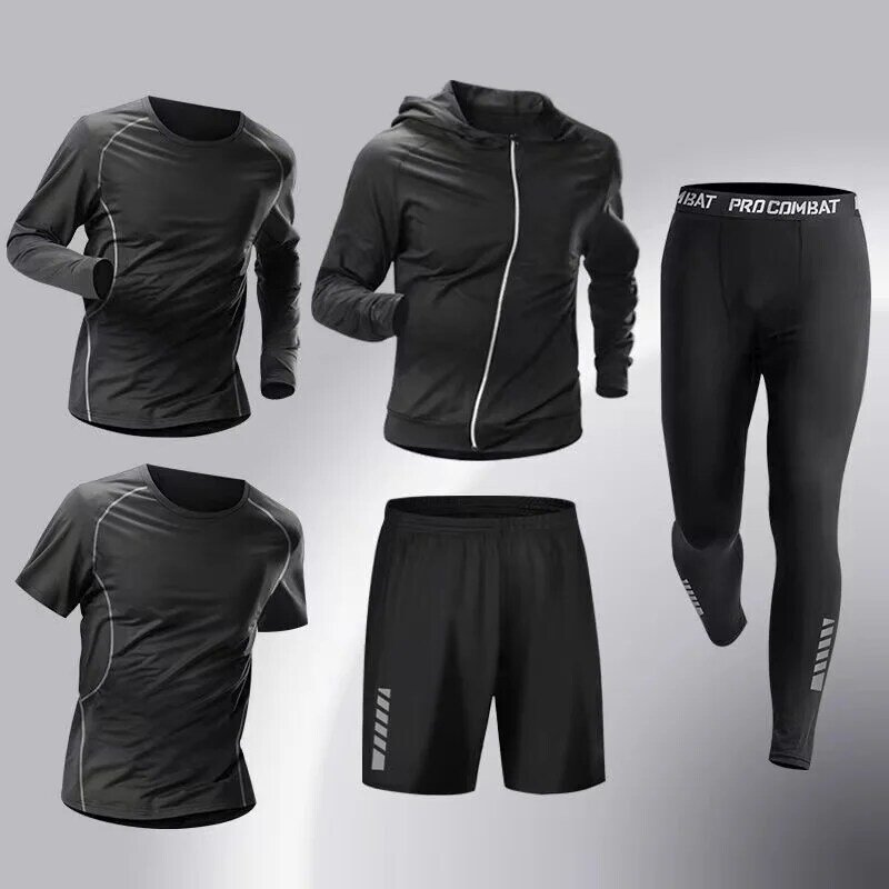 2024 Seasonal Half Zipper Men's Sports Tight Set with Elastic Quick Drying Five Piece Set for Training Cycling Running  Fitness