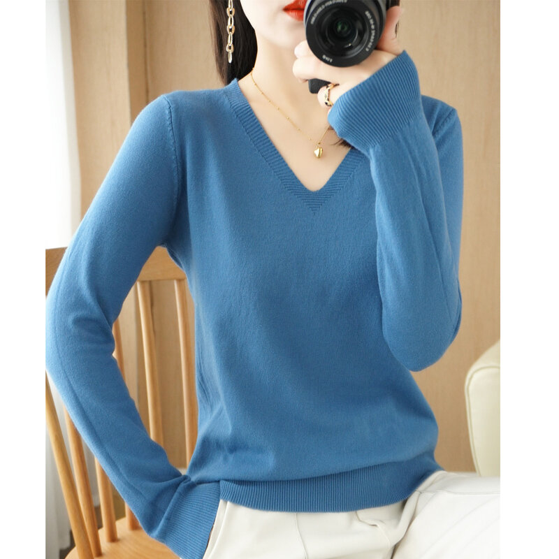 V-neck Knitted Sweater Women's New Western Style Loose Large Size Top Pullover 2022 Long-Sleeved Spring Summer Bottoming Shirt