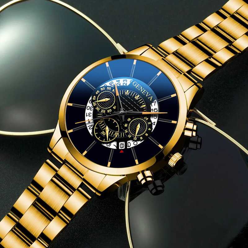 Conjunto de 3 piezas de acero inoxidable para hombre, relojes de negocios, pulsera de oro informal, collar de cuarzo, Masculino