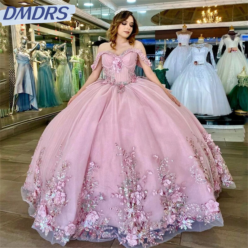Gaun pesta berkilau lengan panjang elegan gaun Quinceanera bahu terbuka menawan gaun 2024 klasik 3D bunga Applique manis 16 gaun