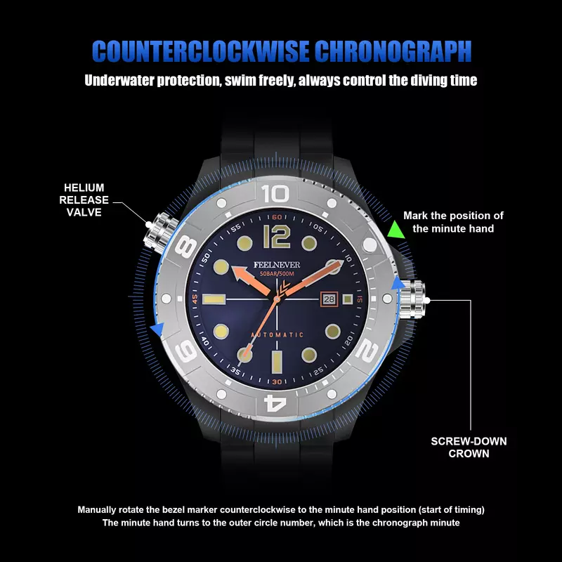 Relógio mecânico automático de mergulho esportivo masculino, aço inoxidável, relógio à prova d'água 500m, safira cristal, novo, 2022