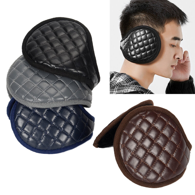 New in Lingge Ear Warmer Winter Earmuffs for Men's Outdoor Thickened Warm Waterproof Fashion Plush PU Leather Folding Ear Cover