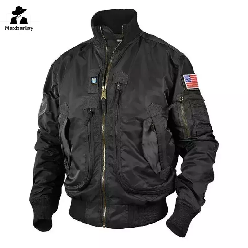 Jaket taktis MA-1 untuk pria, jaket kerja bisbol Pilot saku besar dengan kerah berdiri, pakaian luar untuk sepeda motor