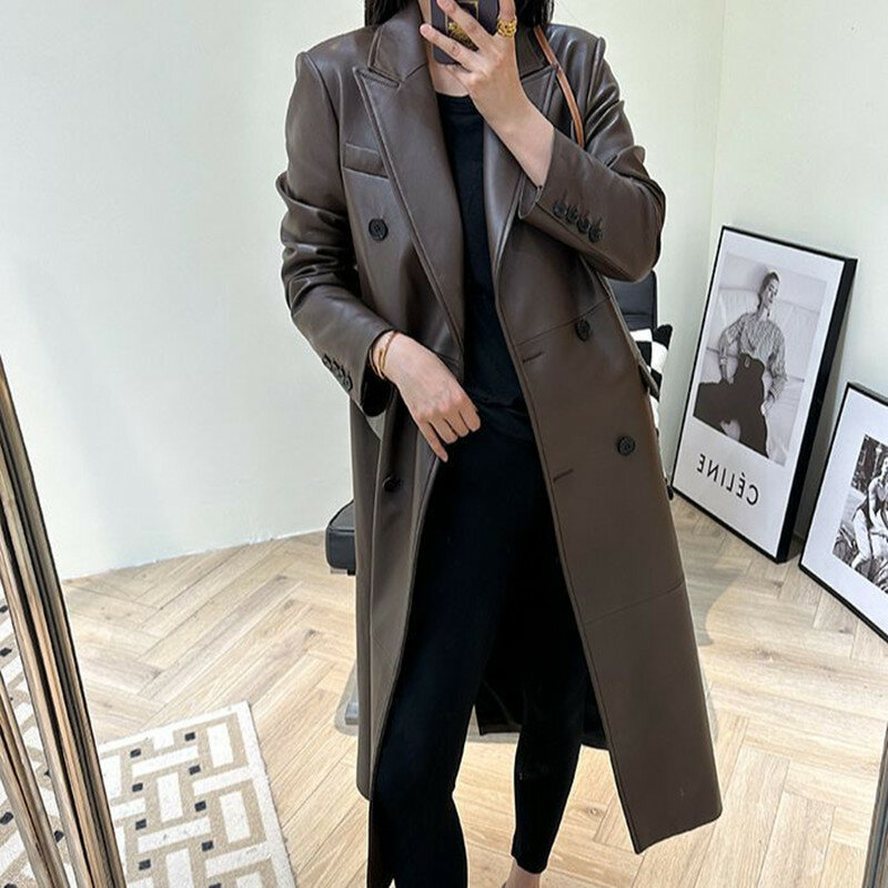 Sheep Skin Leather Trench Coat for Female, Suit Collar, Double Breasted, Long, Show Thin, Autumn, Winter