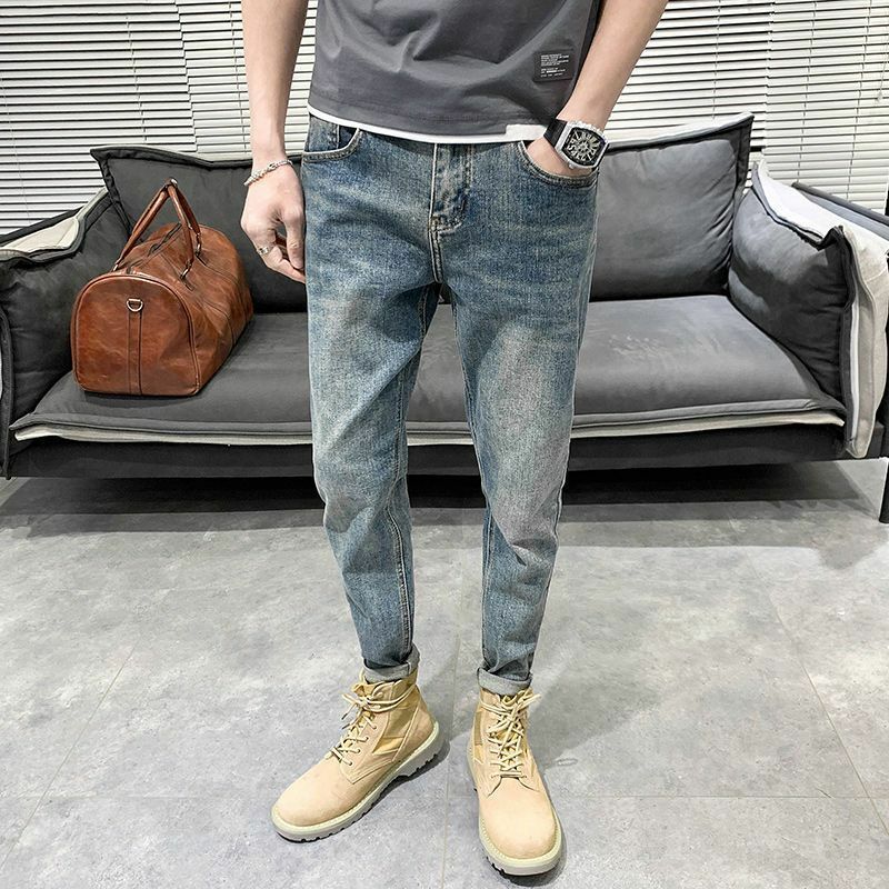 Luxe Streetwear 2024 Koreaanse Stijl Lente En Herfst Slim Fit Denim Jeans Voor Heren Casual Effen Retro Lange Broek Katoenen Broek