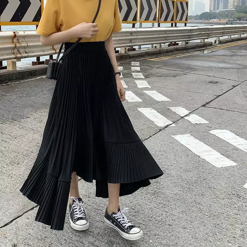 Spring Summer New Irregular Loose Skirts High Waist Solid Color Pleated A-line Skirt Casual Fashion Women Clothing