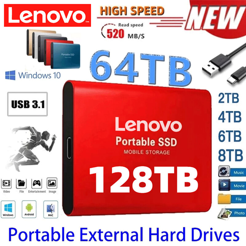 Портативный жесткий диск Lenovo 2023, внешний диск USB 3,1 Type-C M.2 SSD, внешний жесткий диск 500 ГБ, флэш-накопитель 8 ТБ, жесткие диски для ноутбуков
