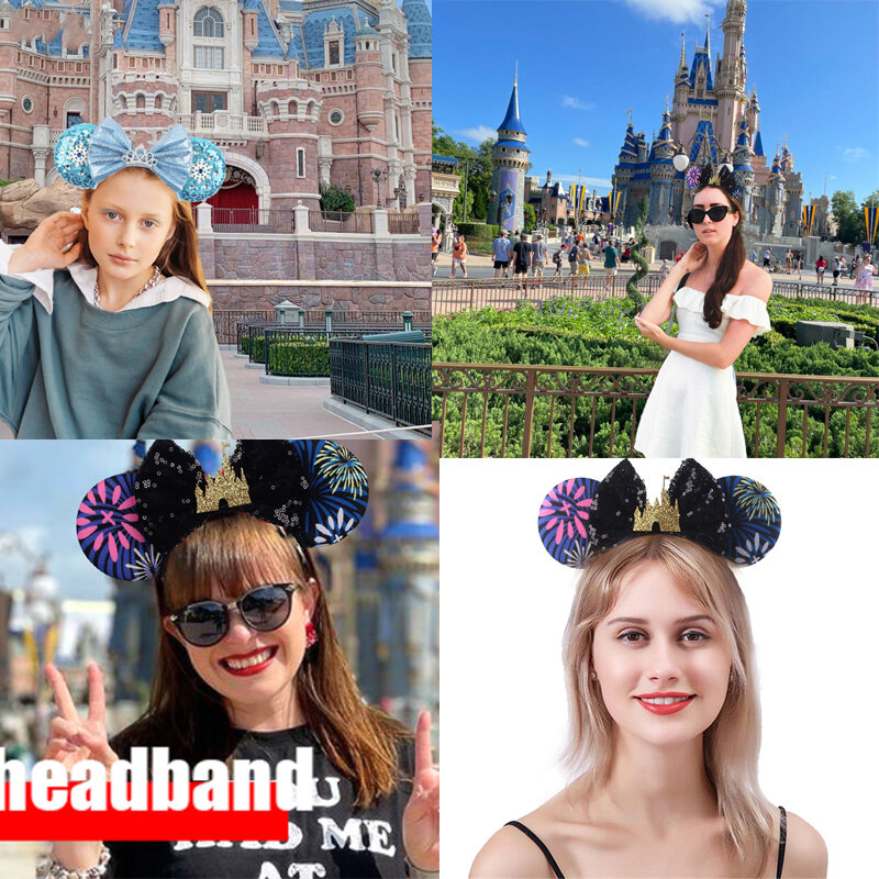 Diadema con orejas de ratón de fuegos artificiales de Castillo de Disney para niñas, Diadema con lazo de lentejuelas, accesorios para el cabello para fiesta, 2024
