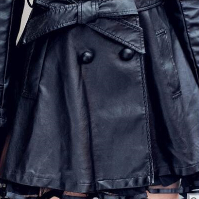 Chaqueta larga de cuero con encaje para mujer, abrigo negro de talla grande 5XL, moda de otoño, 2017