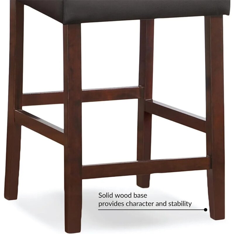 Upholstered Back Counter Height Stool with Faux Leather Seat and Wood Base