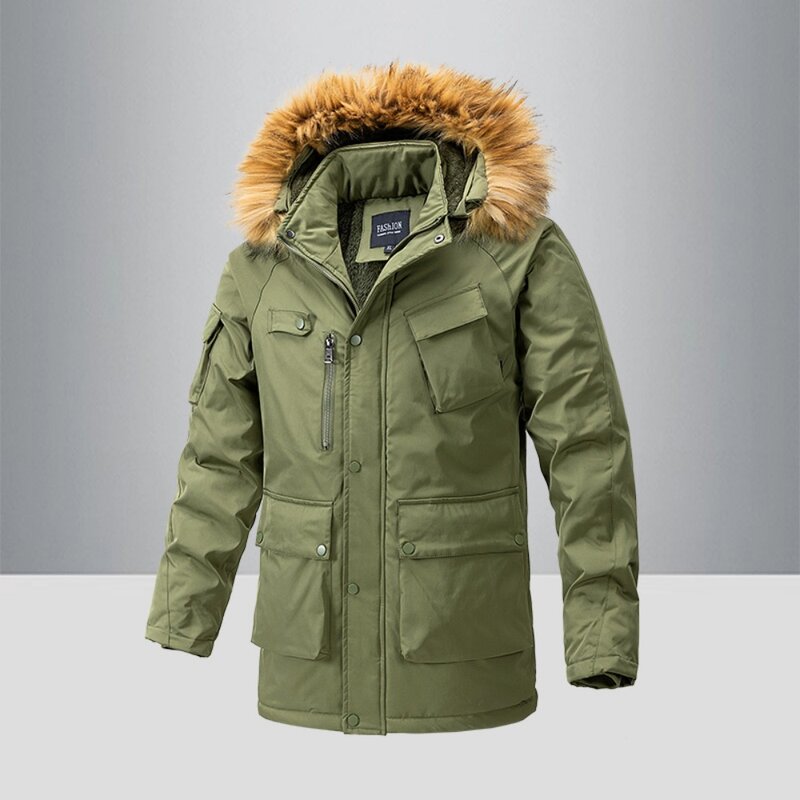 남성용 멀티 포켓 파카 재킷, 모피 칼라, 따뜻한 가을 겨울 재킷, 미드 롱 모피 안감 코트, 겨울