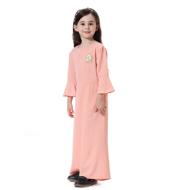 Robe décontractée à col rond pour filles, caftan arabe de Dubaï, manches à volants Islam, robe épissée pour enfants, Ramadan, appliques marocaines, adt