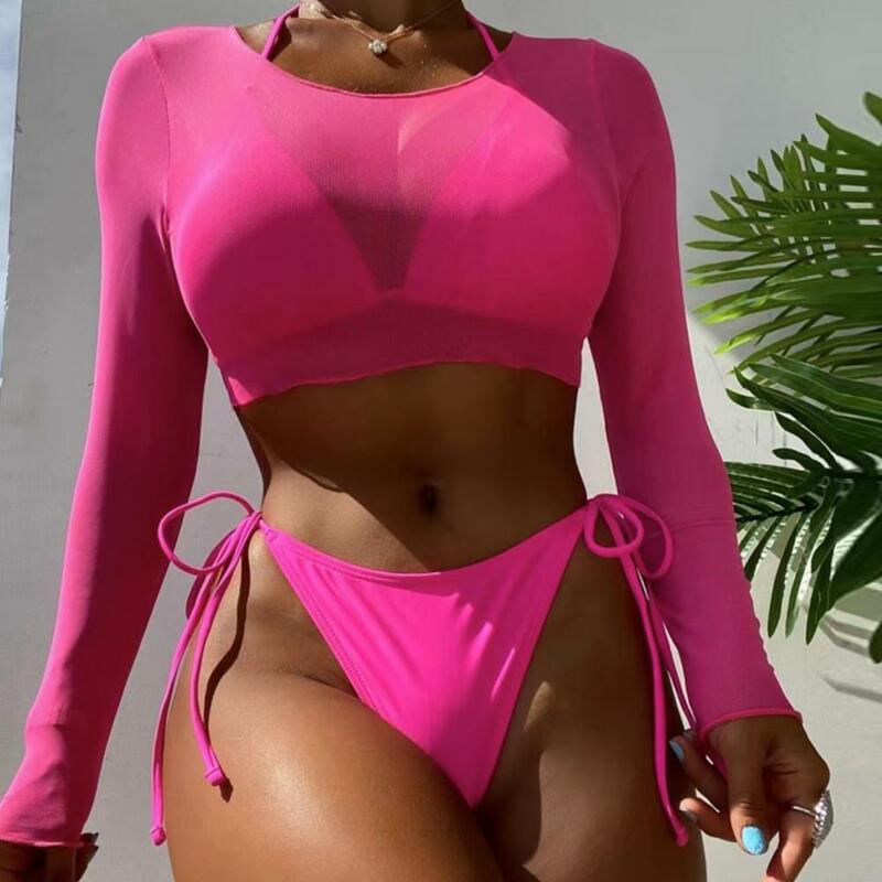 Attractive Three-piece Bikini Stylish Women's Swimsuit Set with Padded Halter Bra High Waist Lace-up Briefs Cropped Cover-up