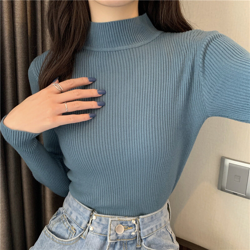 Women's Clothing Half high collar bottom sweater autumn winter tight stylish top slimming stylish long sleeved knitted Pullovers
