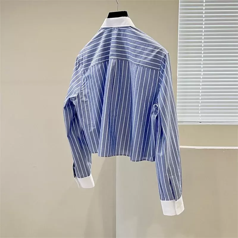 Vintage Autumn Short Cotton Striped Stand Collar Shirt Long Sleeves Bottoming Clothes Womens Tops and Blouse Camisa Feminina