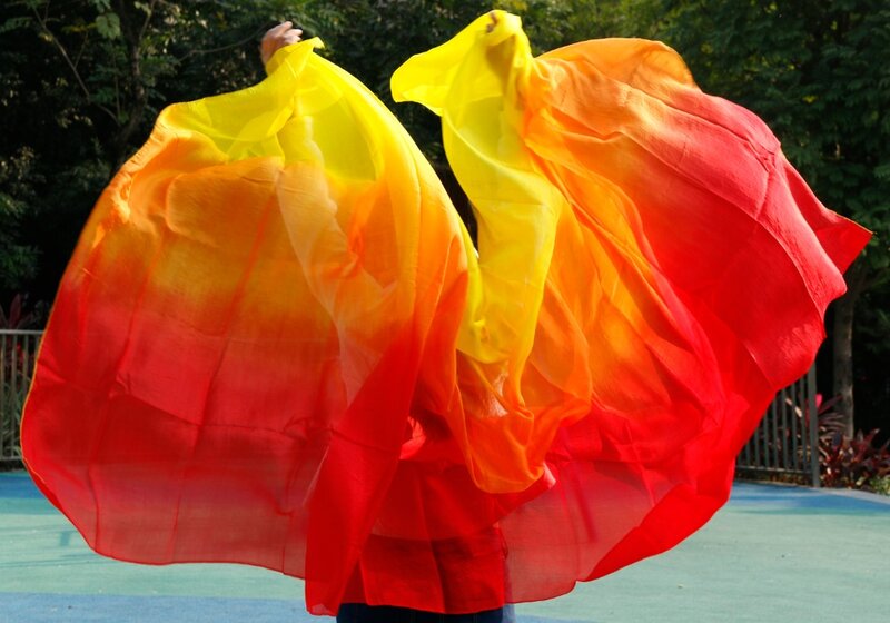 배꼽 춤 100% 진짜 실크 베일 인기있는 그라디언트 색상 실크 손 스카프 Shawls 춤 또는 무대 2 크기