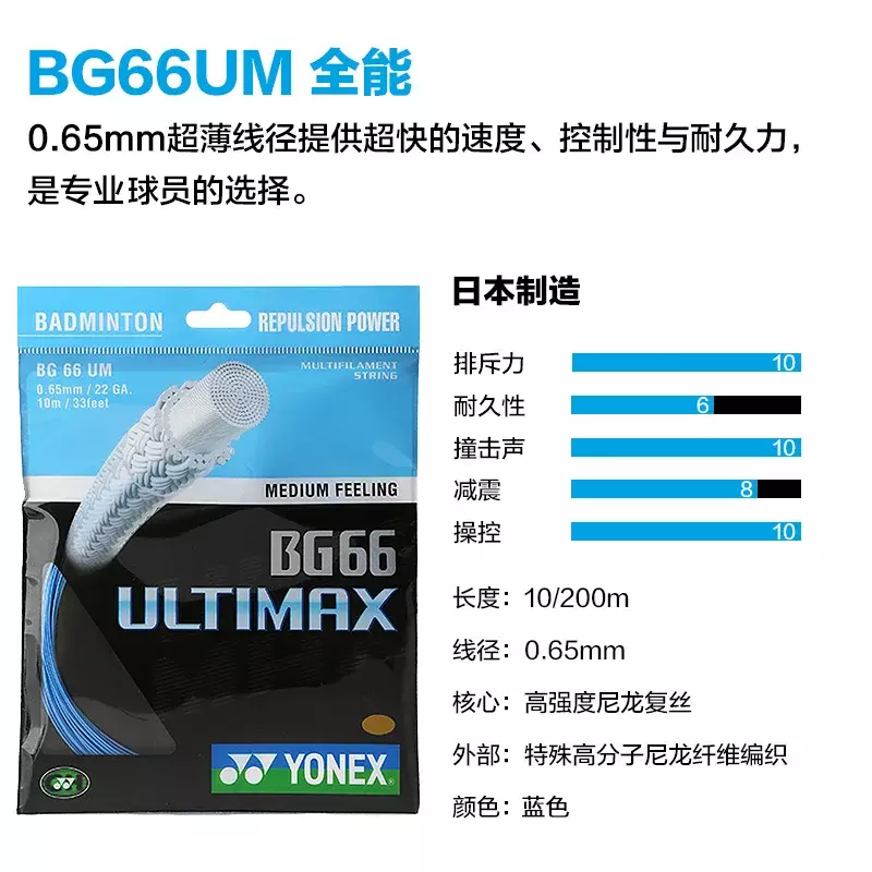 Yonex-corda de raquete ultraleve de badminton, altamente elástica, para competição profissional, alta velocidade, bg66, 0.65mm