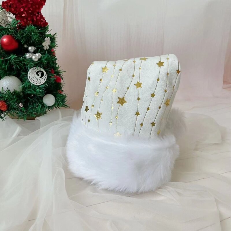 Adult Santa Hat with Golden Star for Holiday Comfort Liner Christmas New Year Symbol Cap with White Brim H9ED