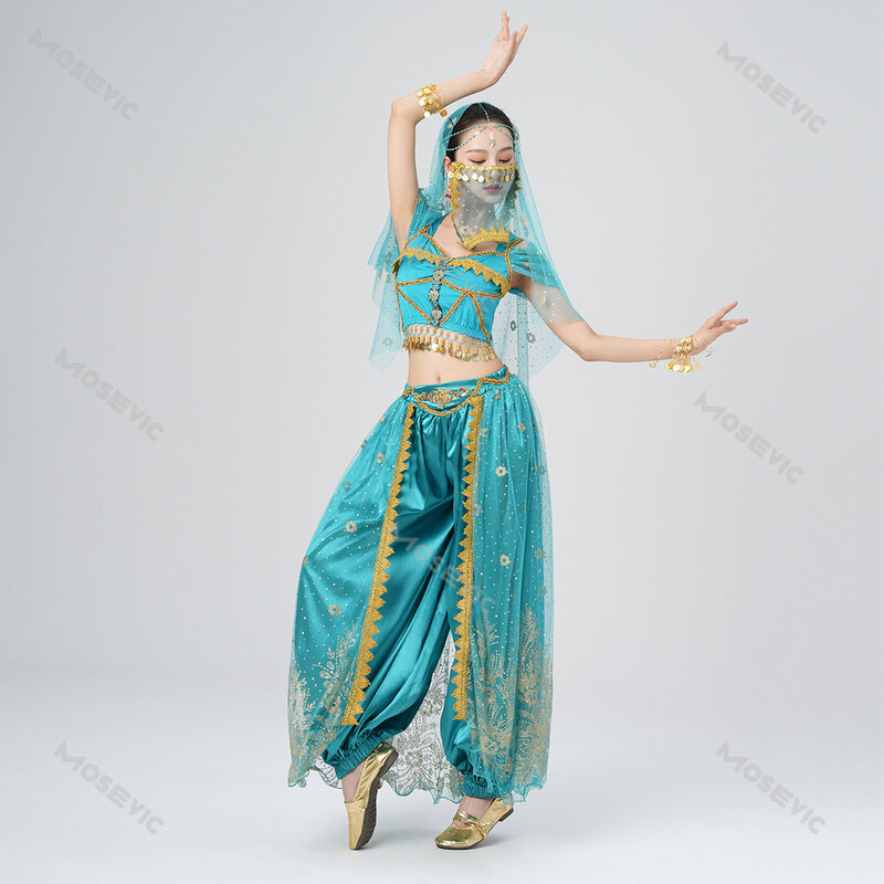 Women's Belly Dance Halloween Performance Costumes Pants Suit Aladdin Jasmine Princess Dress Up Party Clothes Dancing Outfit