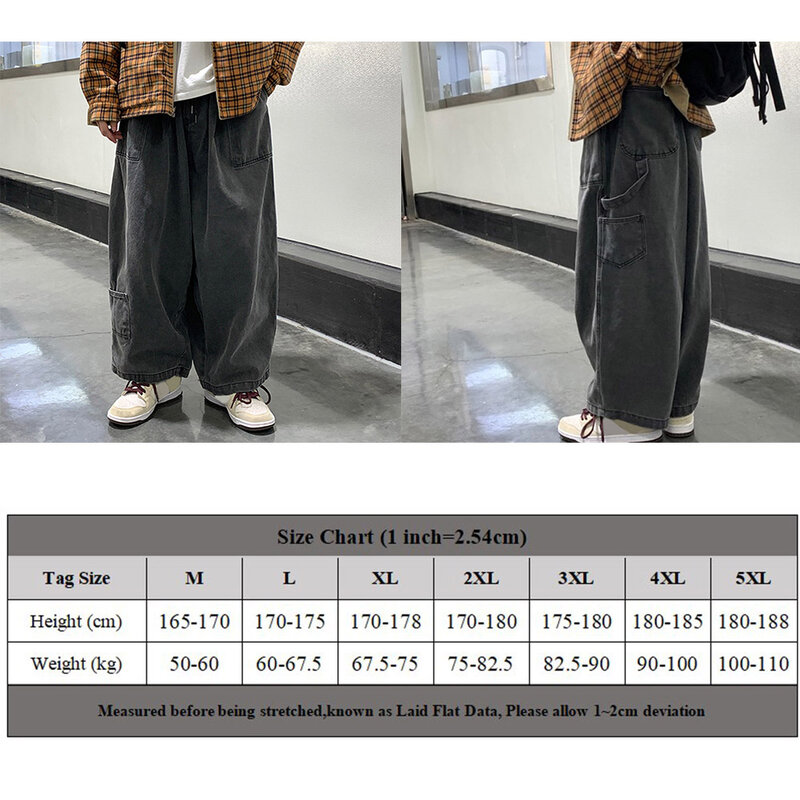 Mens Pants 1 Pc Black Cotton Blend Japanese Harajuku Loose Wide Leg Cargo Pants Multi-pocket Jeans Fashion Mens