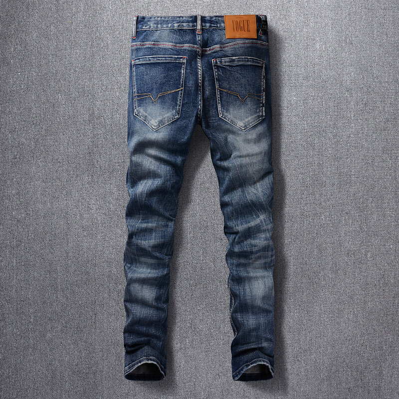 Fashion Vintage Men Jeans Retro Washed Blue Elastic Slim Fit Hole Ripped Jeans Men Embroidery Designer Cotton Denim Pants Hombre