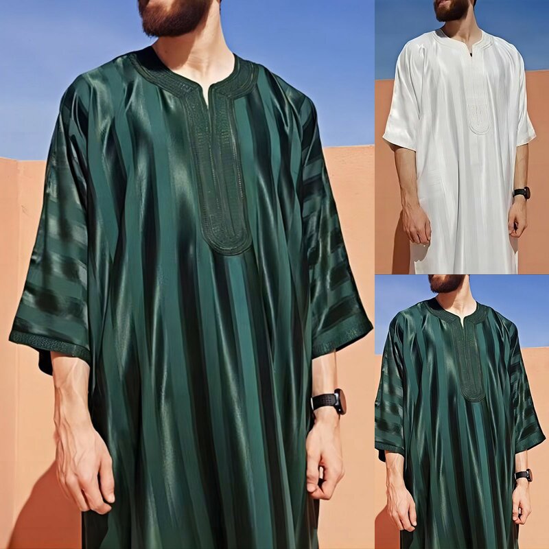 Men Fashion Luxury Muslim Robe Shirt Casual Loose Long Sleeve Traditional Muslim Clothe Eid Middle Saudi Arabia East Jubba Thobe