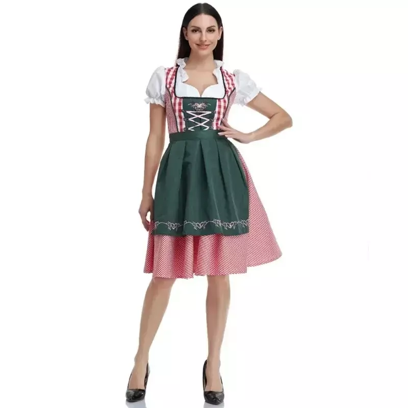 Traditionele Bederfelijke Oktoberfest Kostuums Geruite Dirndl Jurken Vrouwen Schort Jurk Duits Bier Wench Meid Cosplay Feestjurk