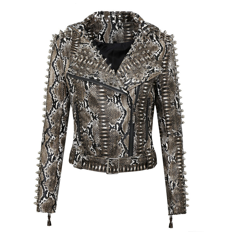 여성용 펑크 스파이크 리벳 슬리브 가죽 재킷, 오토바이 바이커 코트, 뱀 패턴 아우터, 2023 S-6XL, 신제품