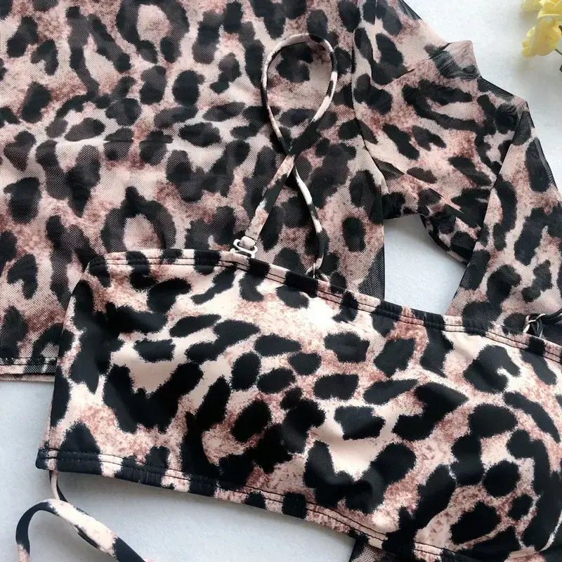 Maiô de três peças com manga comprida, cobertura de leopardo de corte alto, biquíni push up, roupa de banho com bandagem esportiva separada, tanga, 2022