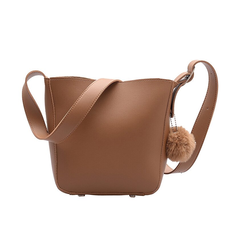 Простые однотонные сумки-ведра для женщин, дамская сумочка на ремне с помпоном из волос, вместительные мешки с клапаном