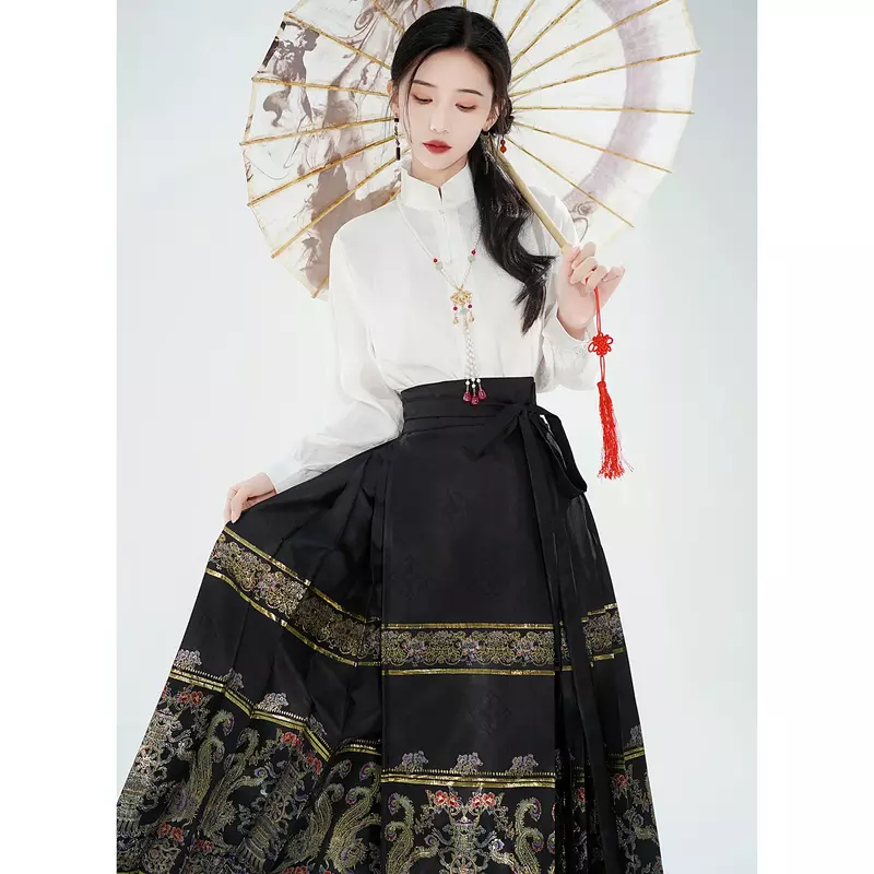 Saia com cara de cavalo feminina, original hanfu, dinastia Ming chinesa, vestido tradicional, saia bordada, diária