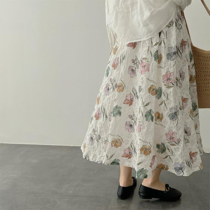 Jupe mi-longue trapèze en coton peigné floral pour femme