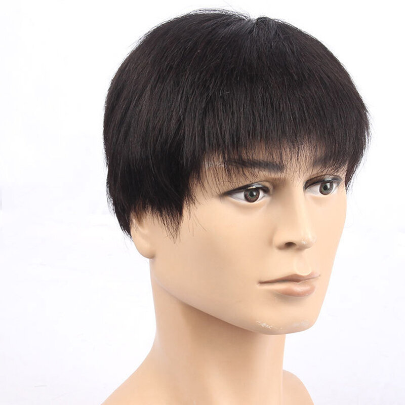 Wig rambut manusia untuk pria, wig pria sintetis lurus pendek dengan poni samping serat tahan panas